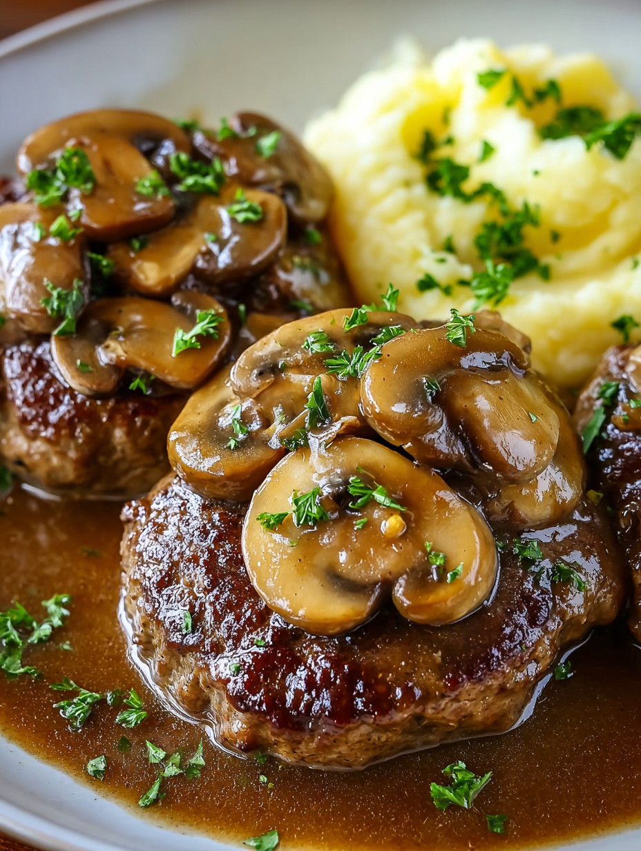 A plate of meat and mushrooms.