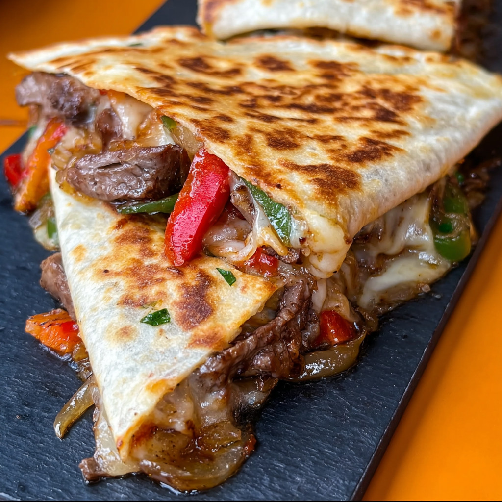 A burrito with meat and peppers on a black plate.