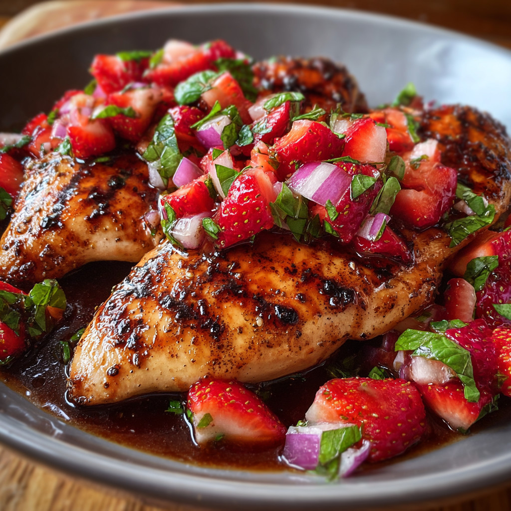A plate of chicken with strawberries and onions.
