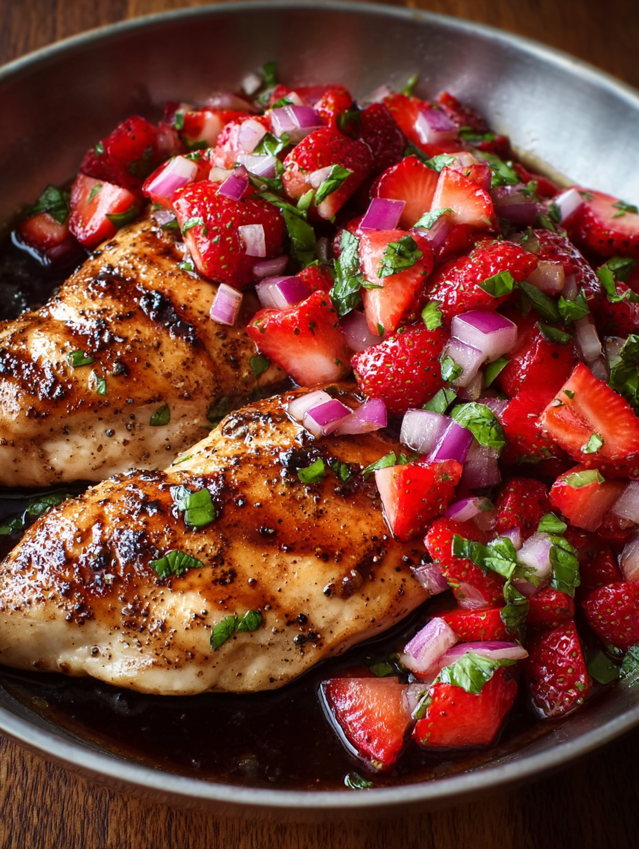 A pan of food with strawberries and onions.