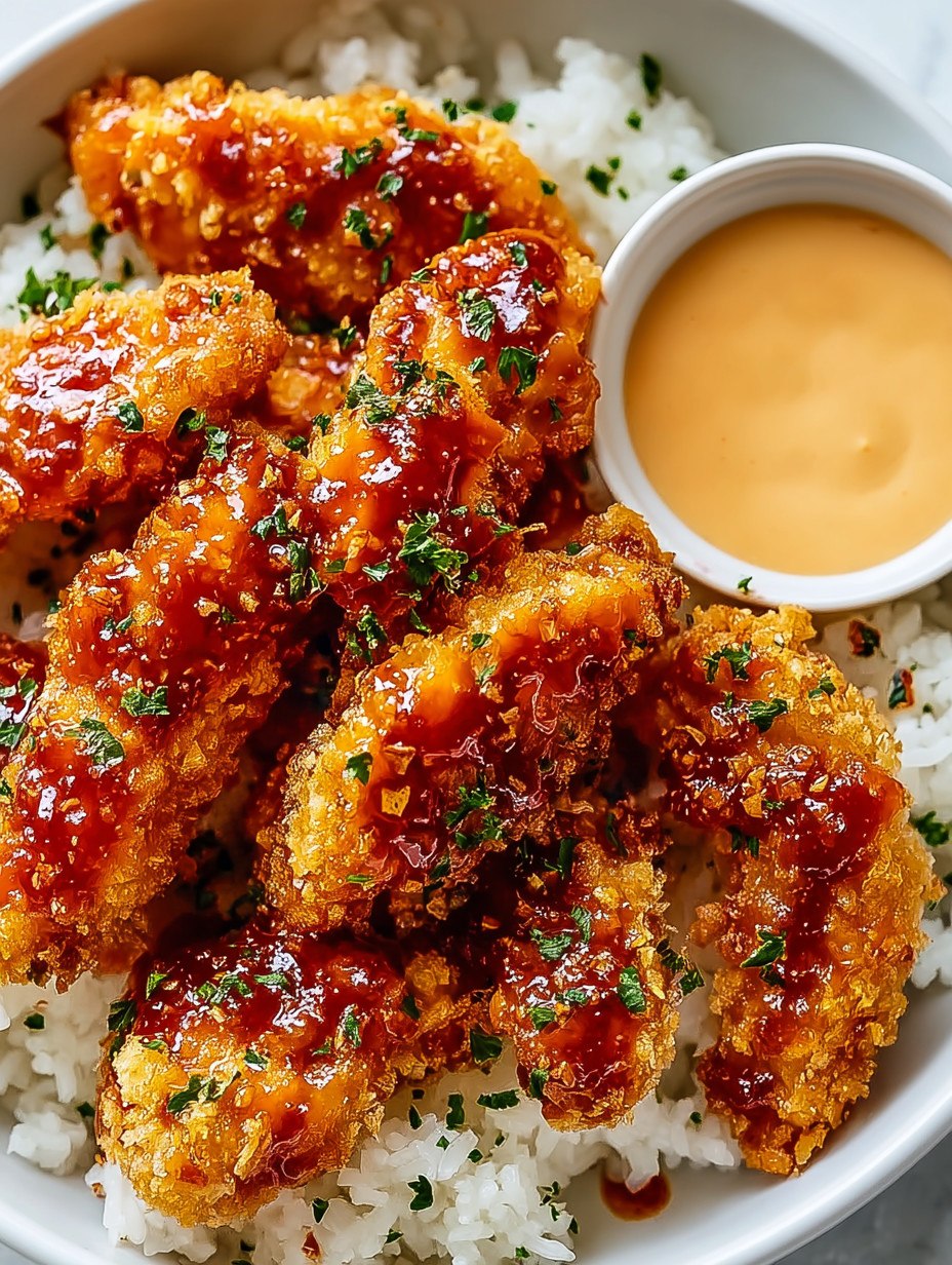 A bowl of fried chicken with sauce.