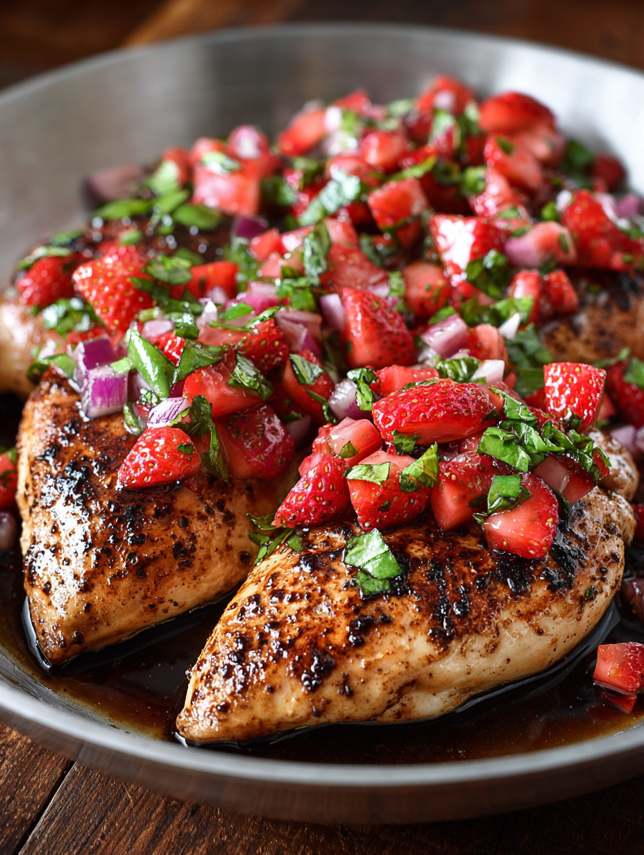 A plate of food with chicken and strawberries.