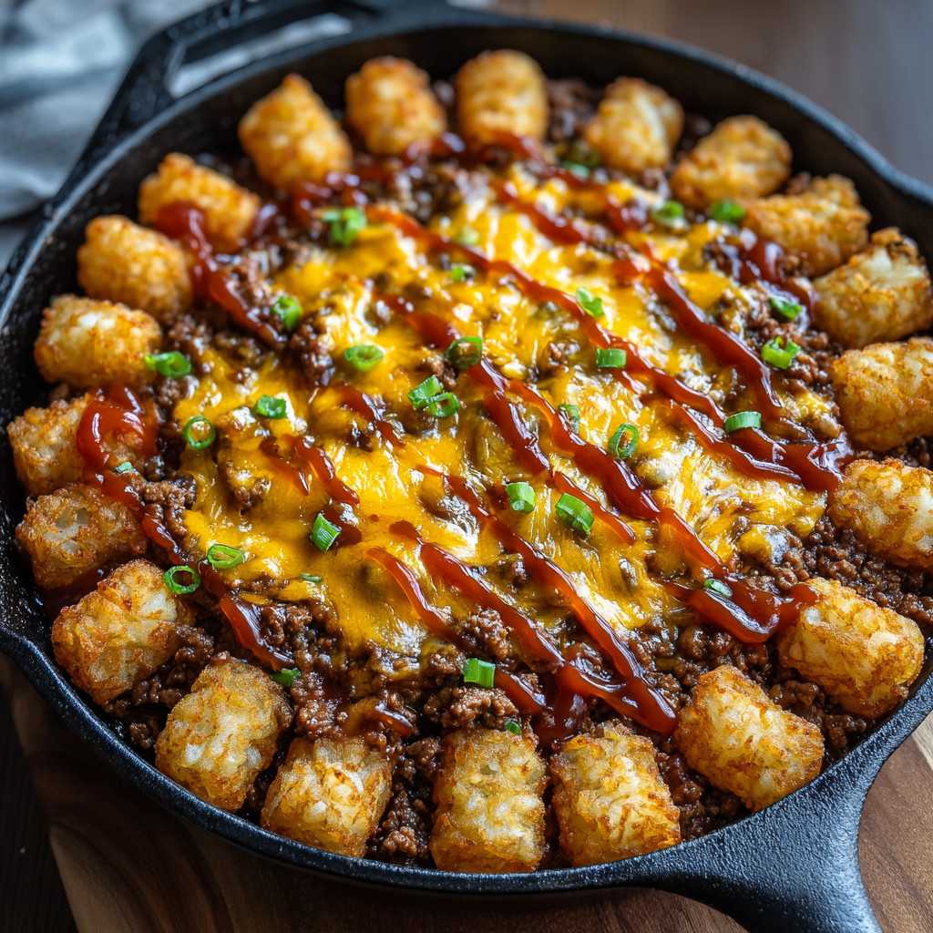 A skillet of food with a sauce on top.