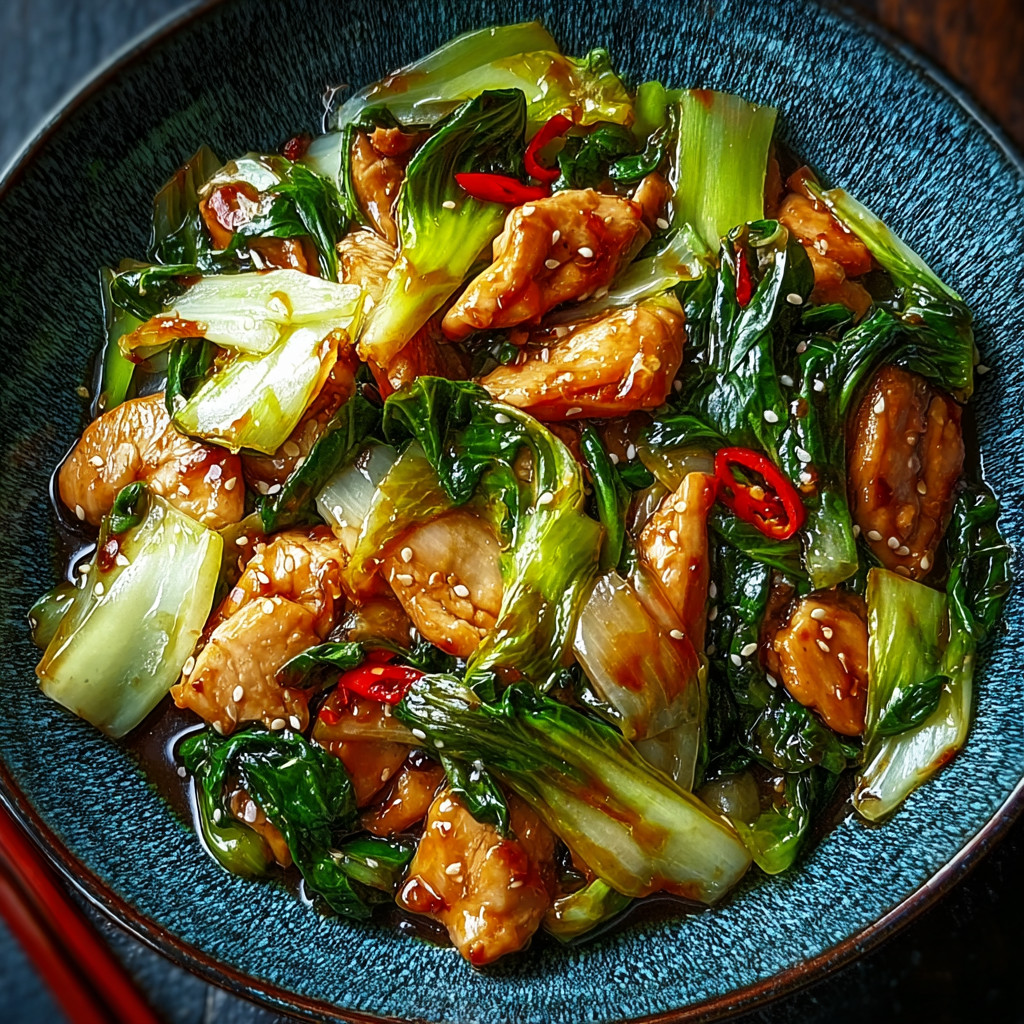 A bowl of chicken and vegetables.