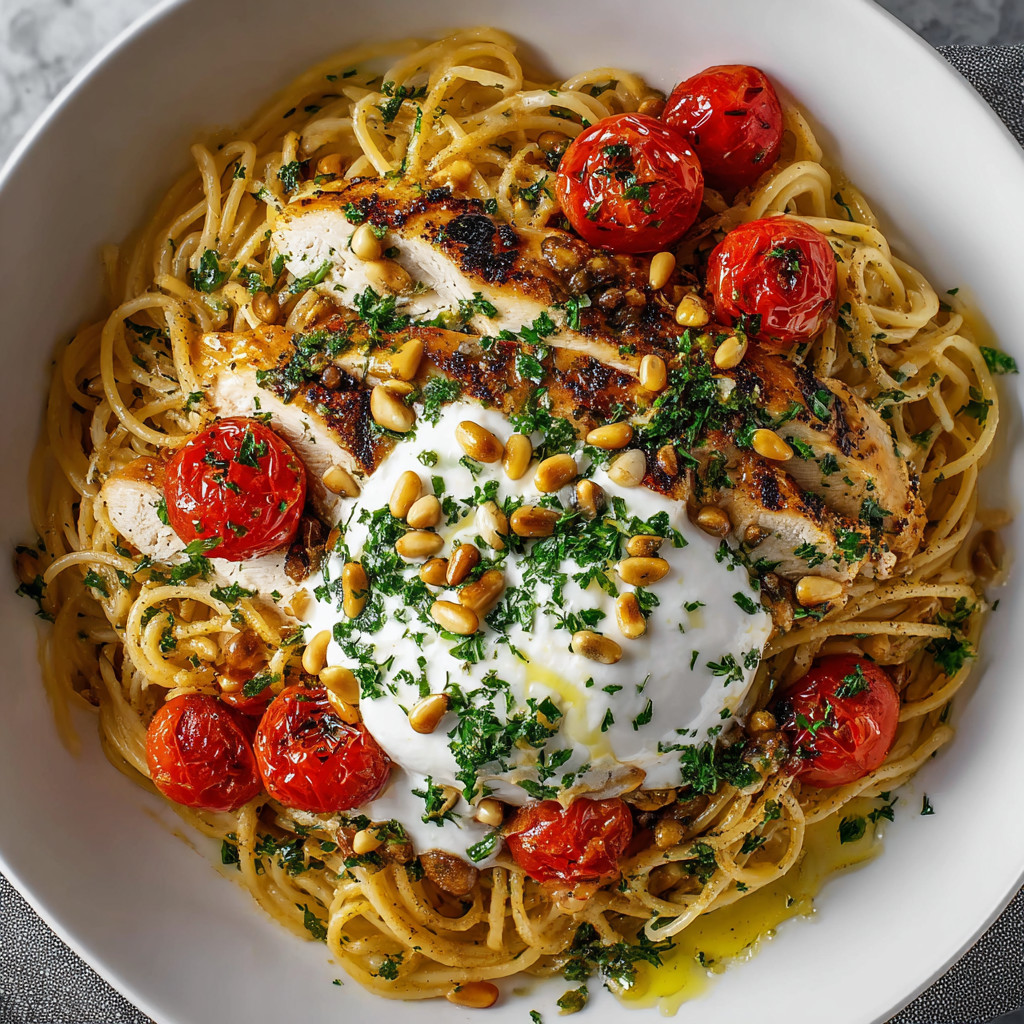 A plate of food with tomatoes, chicken, and pasta.