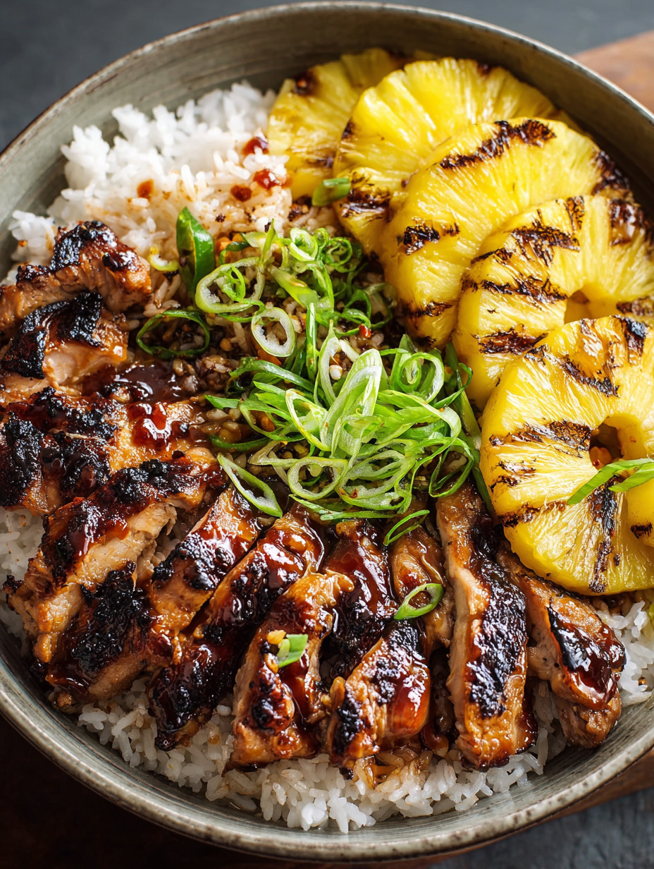A bowl of food with rice, pineapple, and meat.