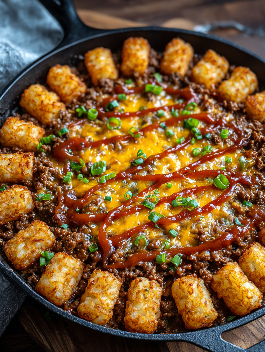 A delicious meal of tater tots and beef.