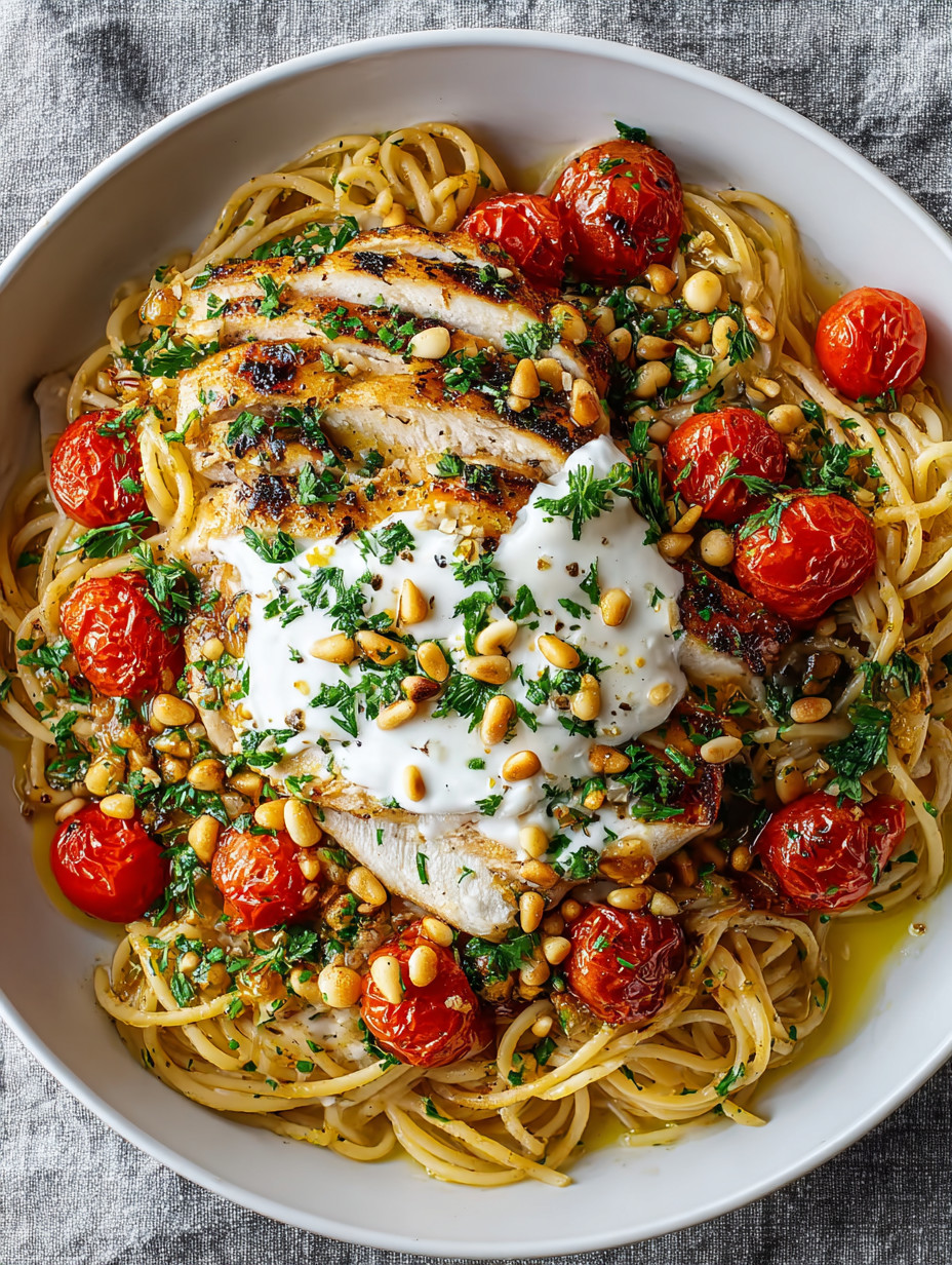 A bowl of pasta with chicken and tomatoes.
