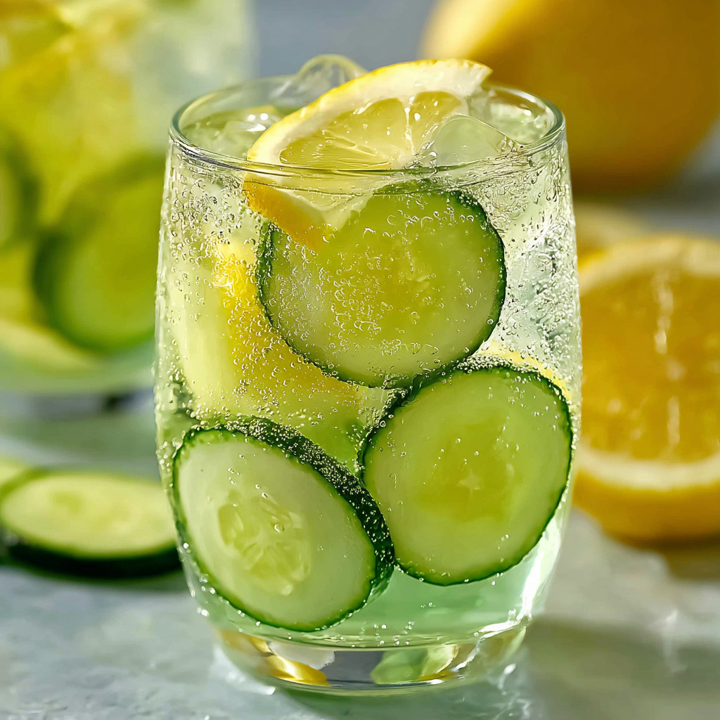 A glass of lemonade with sliced cucumbers in it.