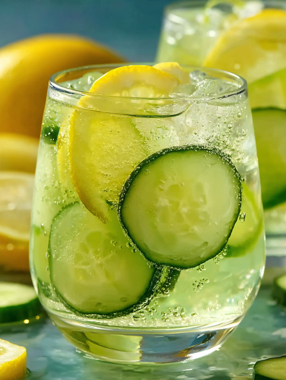 A glass of lemonade with sliced cucumbers.