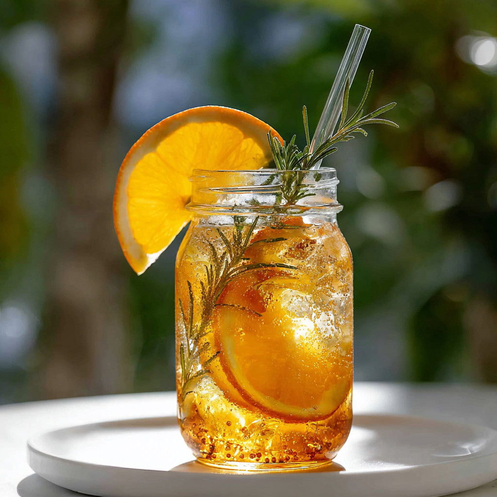 A glass of tea with a slice of orange and a sprig of rosemary.