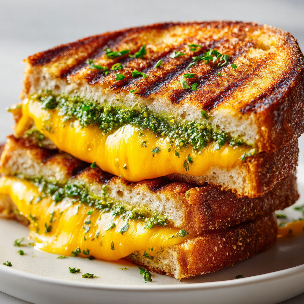 A stack of grilled cheese sandwiches with herbs on top.