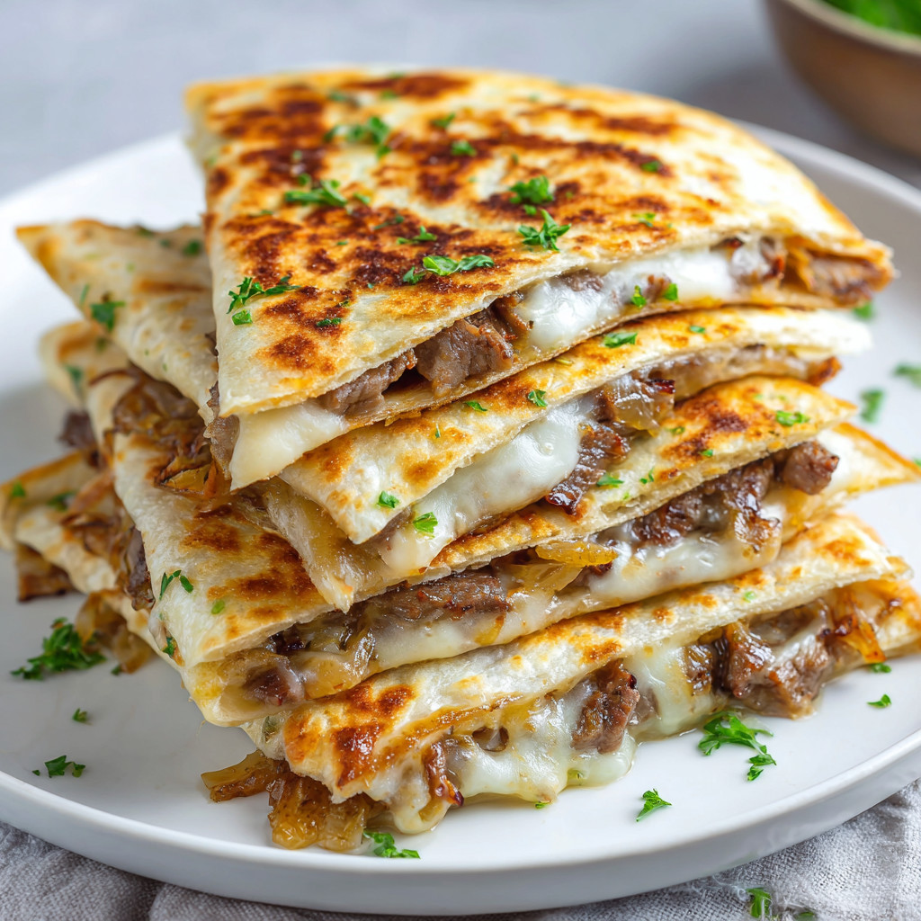 A stack of three quesadillas on a plate.