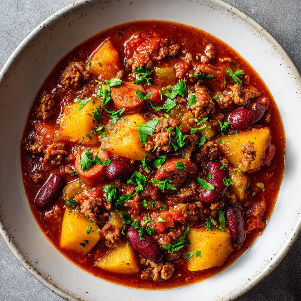 A bowl of chili with meat and vegetables.