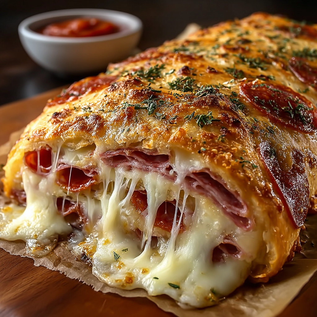 A cheese and meat filled sandwich.