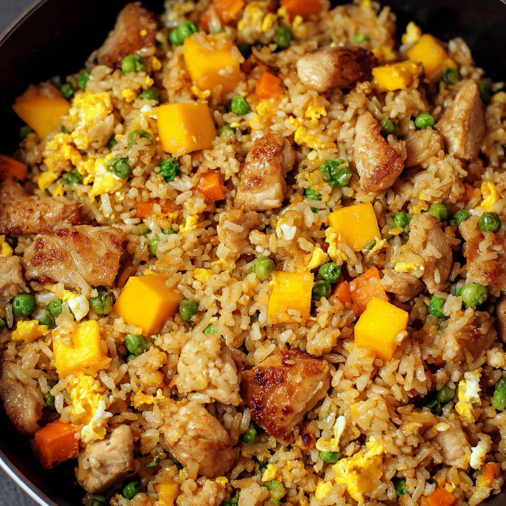 A bowl of rice with chicken and peas.