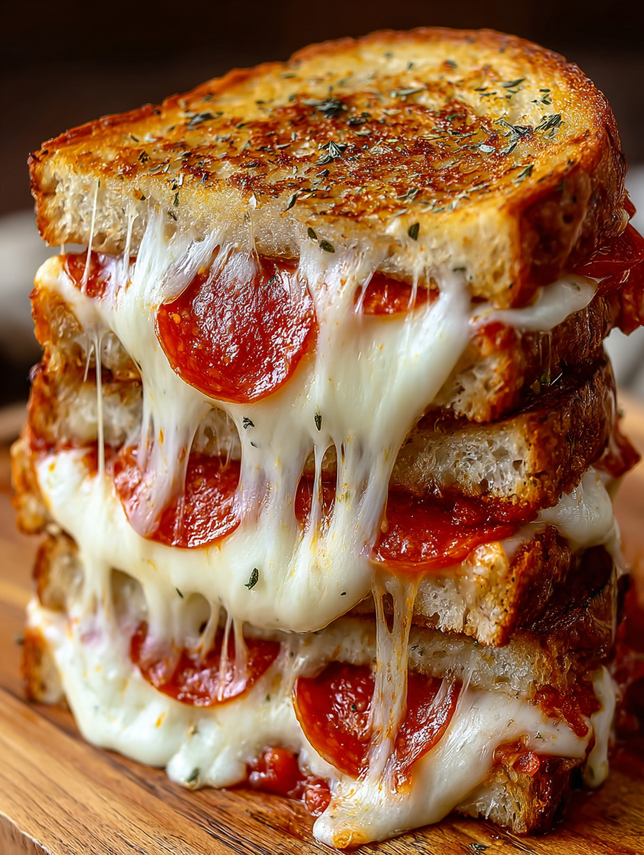 A stack of pepperoni and cheese sandwiches.