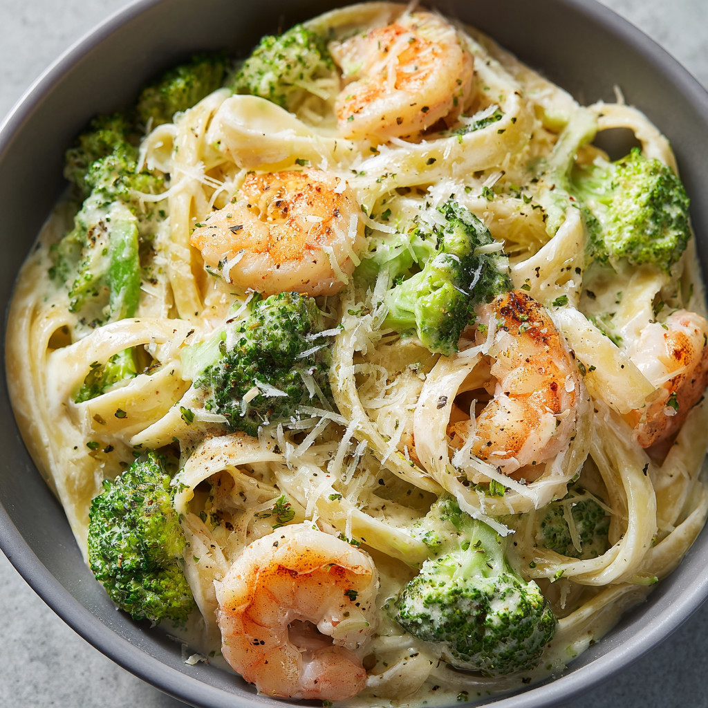 A bowl of pasta with shrimp and broccoli.