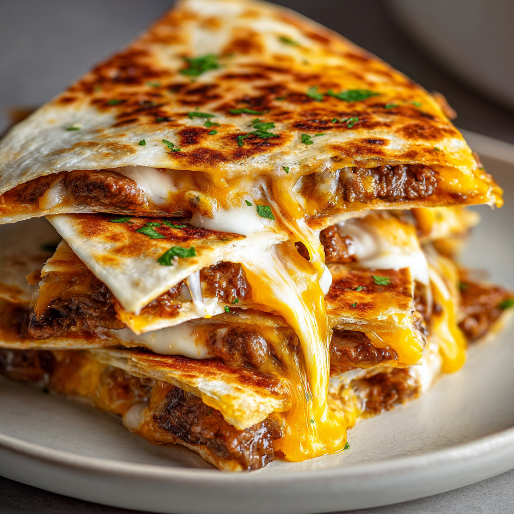A stack of burritos with cheese and meat.