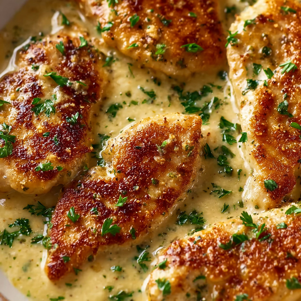 Chicken with sauce and herbs.