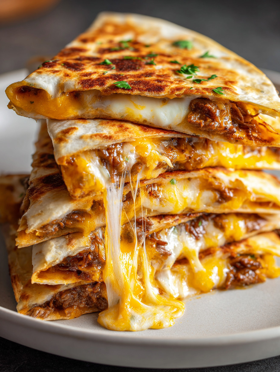 A stack of burritos with cheese.