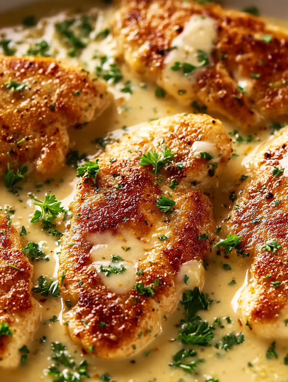 Chicken with sauce and herbs.