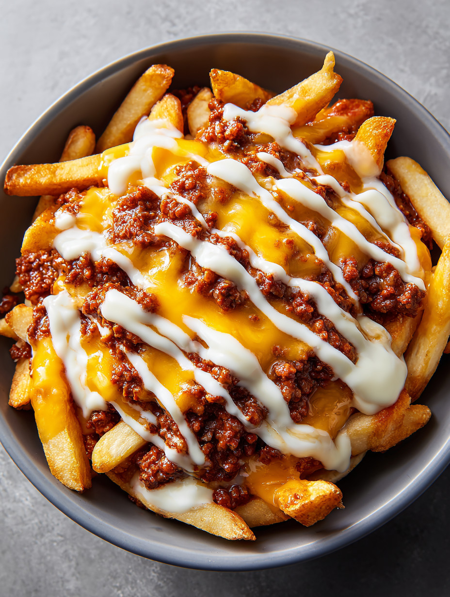 A bowl of chili cheese fries.
