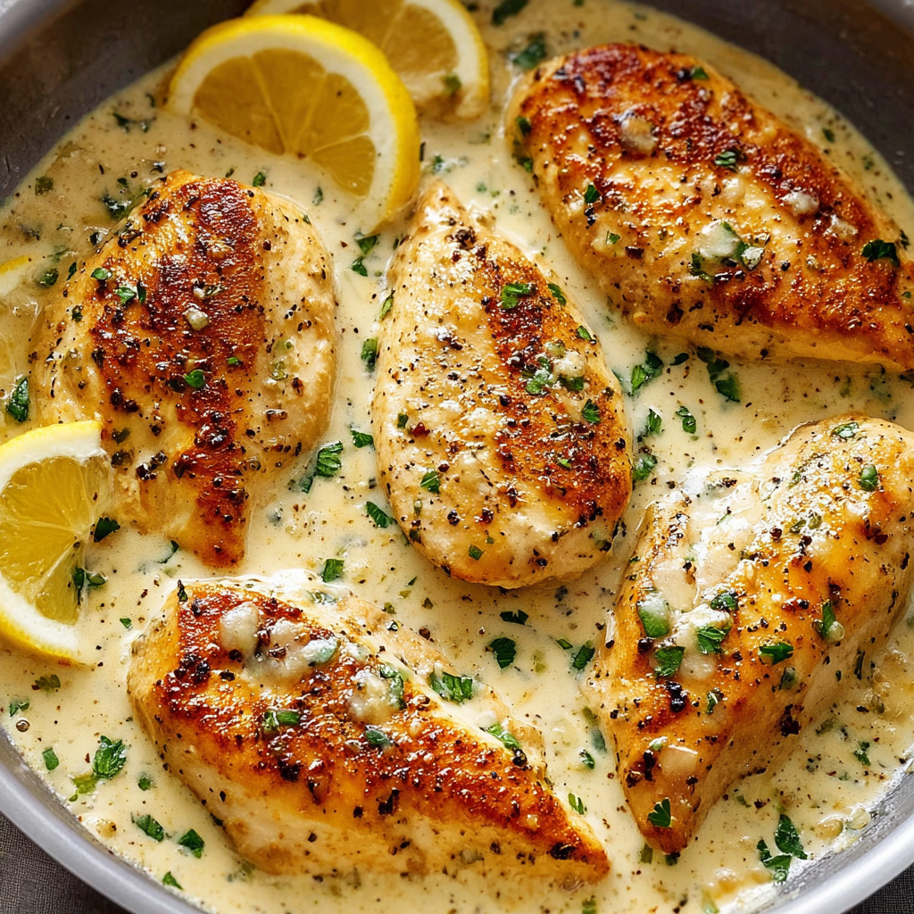 A bowl of chicken with lemon and herbs.