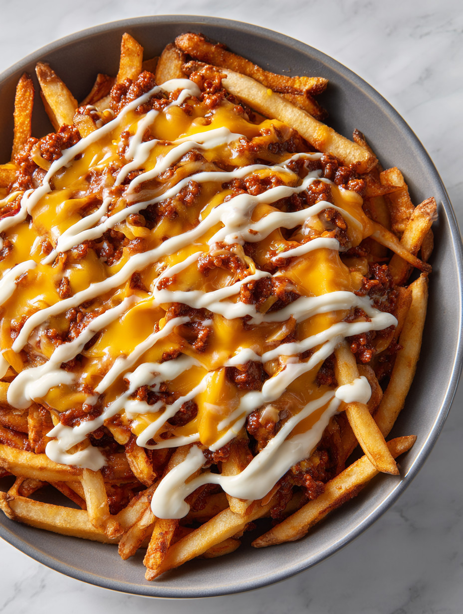 A plate of chili cheese fries with white sauce.
