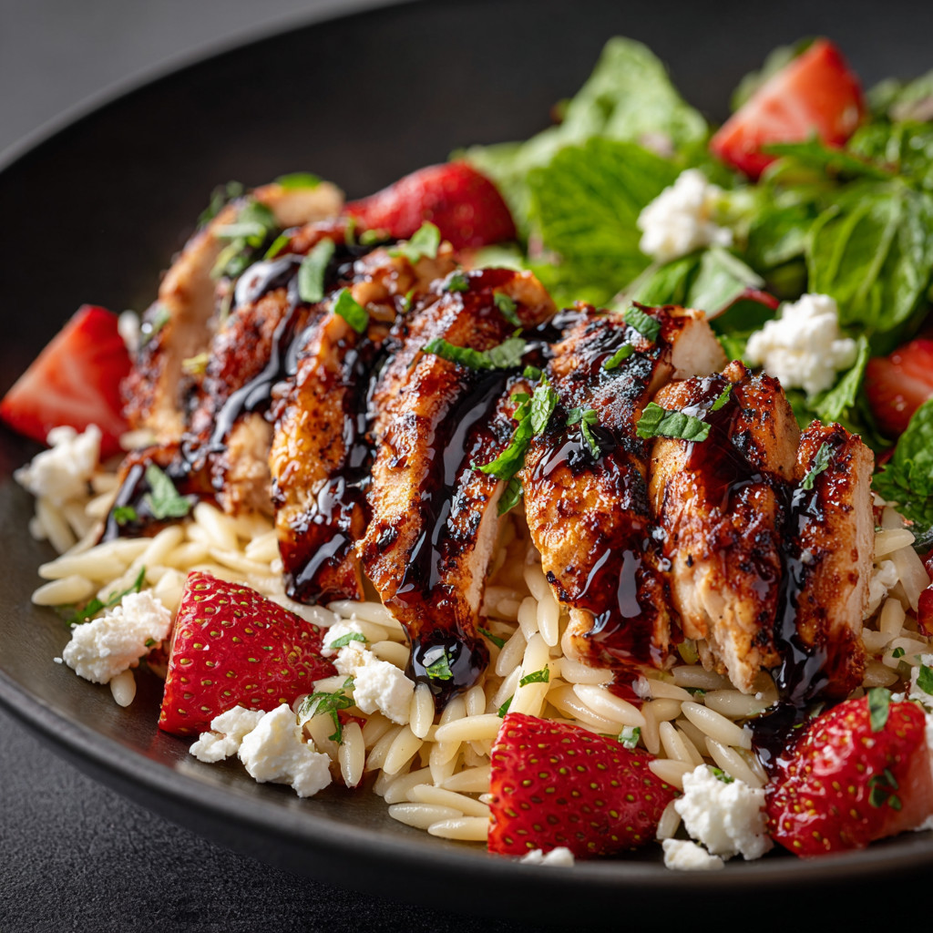 A plate of food with chicken, strawberries, and lettuce.