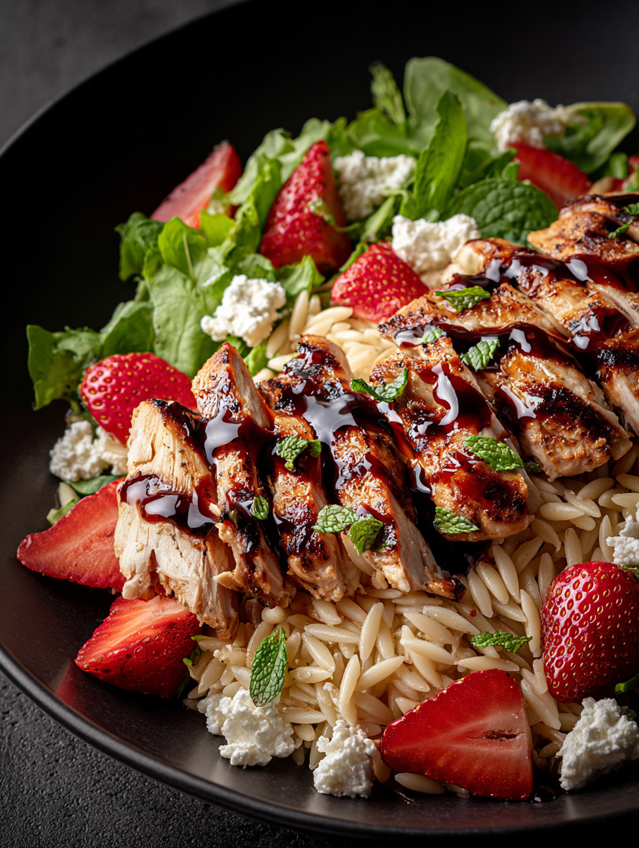 A plate of food with chicken, rice, and strawberries.