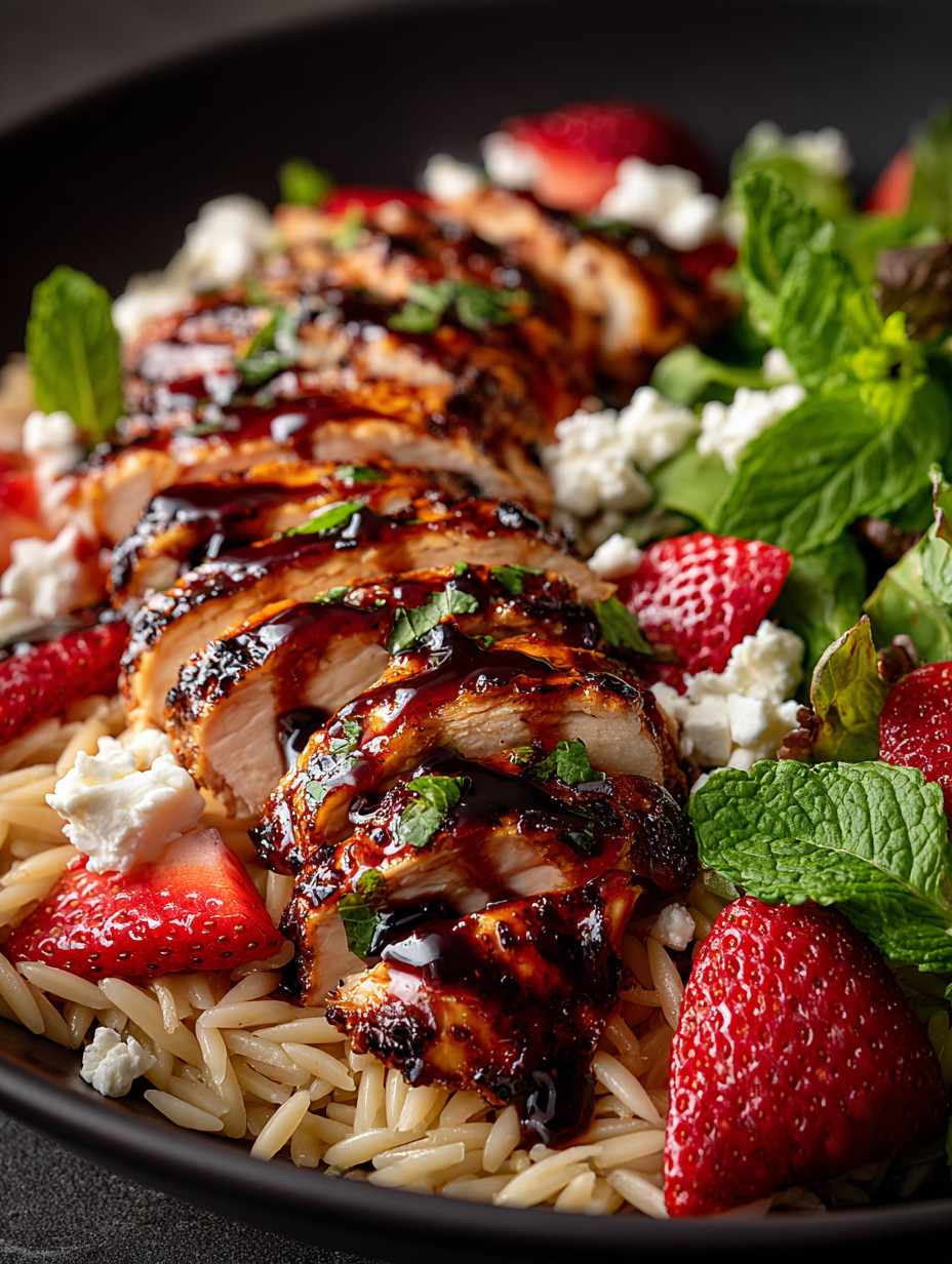 A plate of food with chicken, strawberries, and blue cheese.