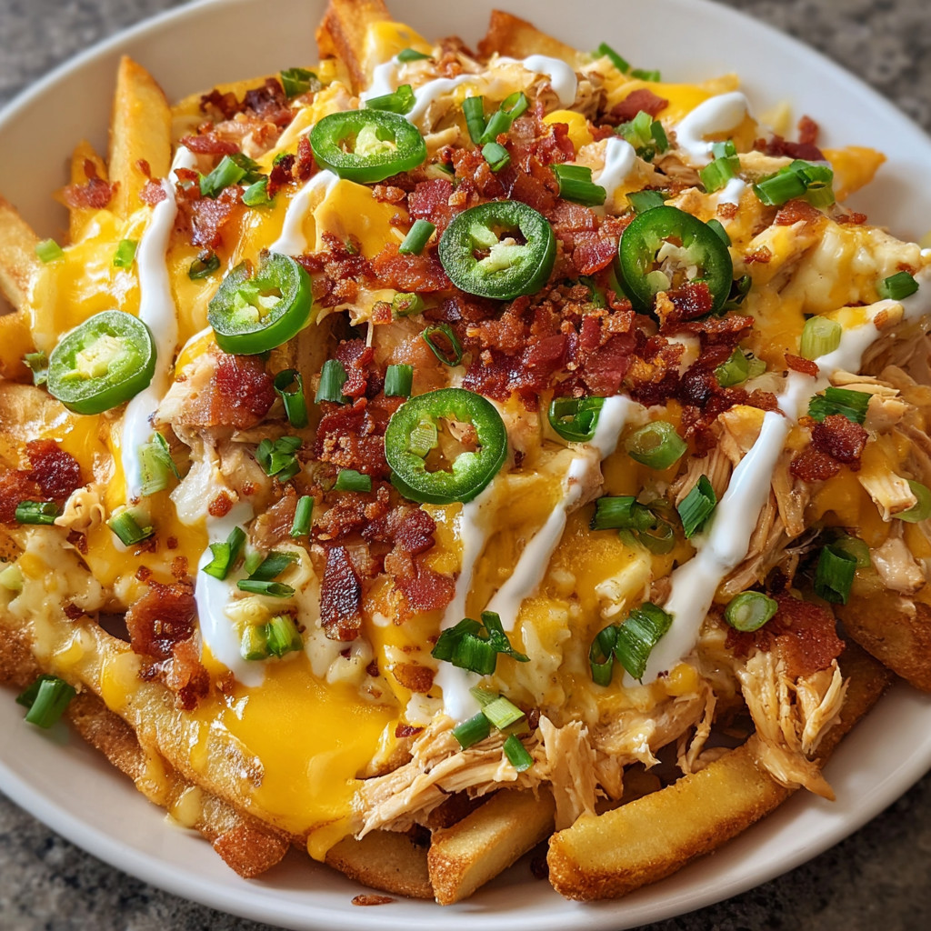 A plate of bacon and cheese covered fries.
