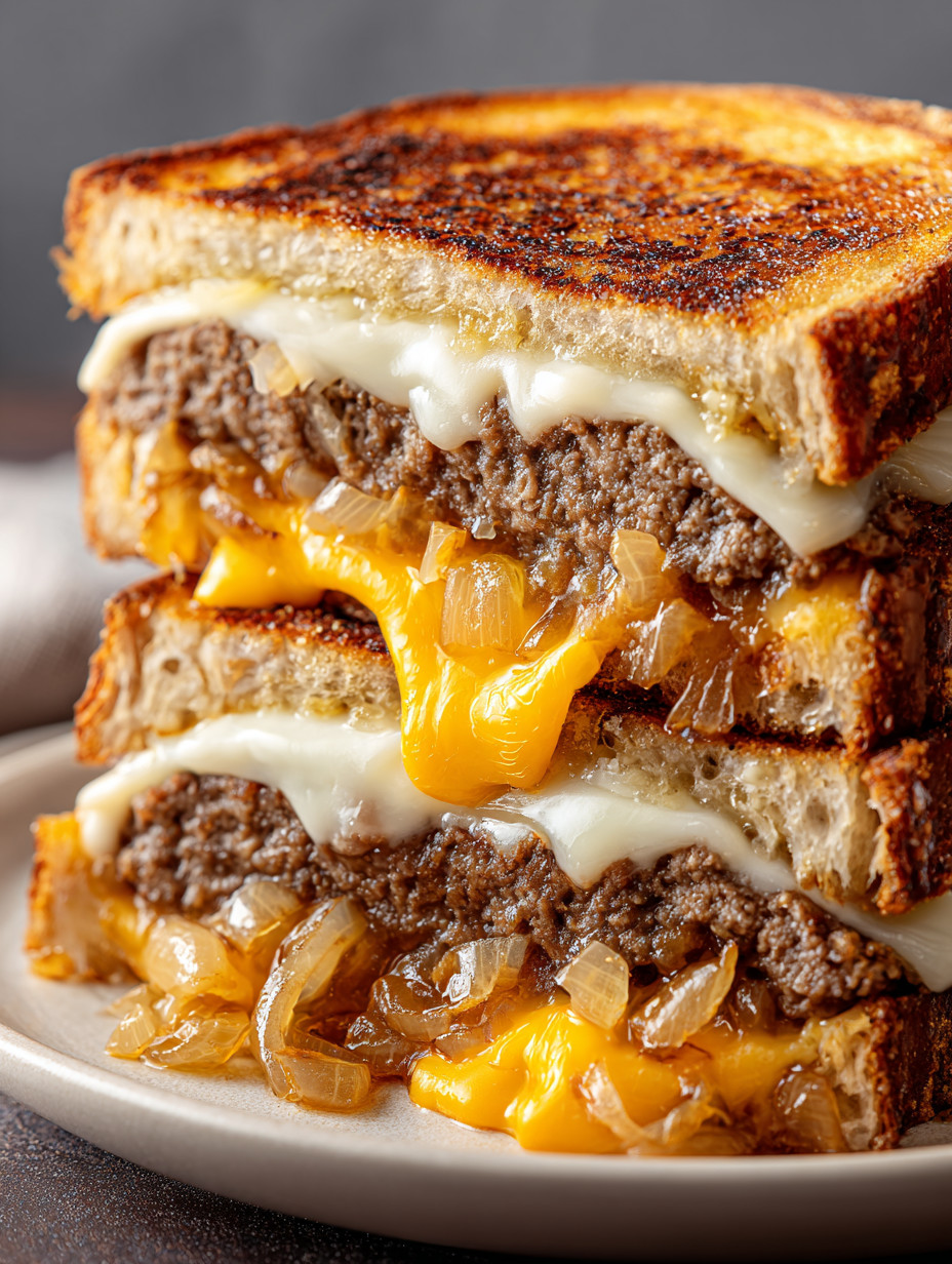 A stack of sandwiches with cheese and onions.