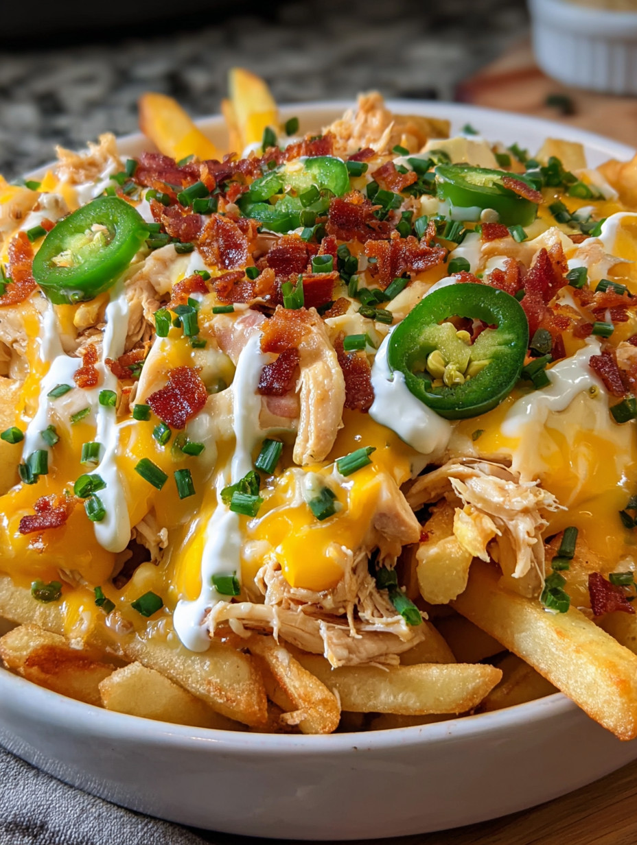 A plate of food with chicken, bacon, and jalapenos.