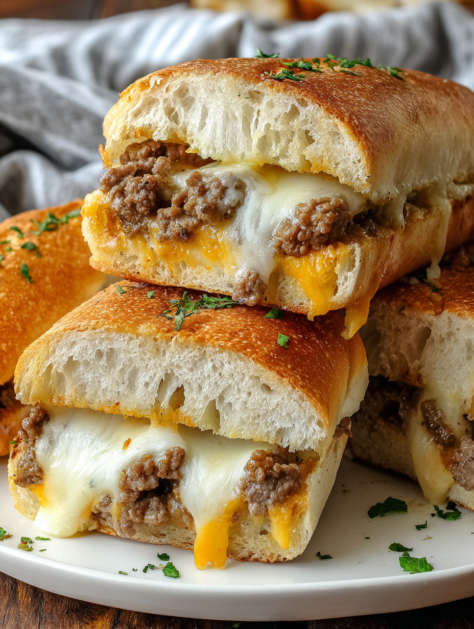 A stack of sandwiches with meat and cheese.