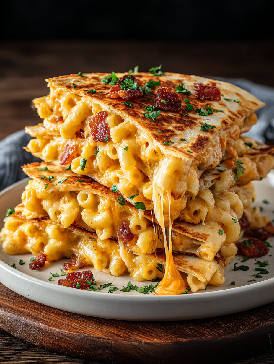 A stack of macaroni and cheese on a plate.