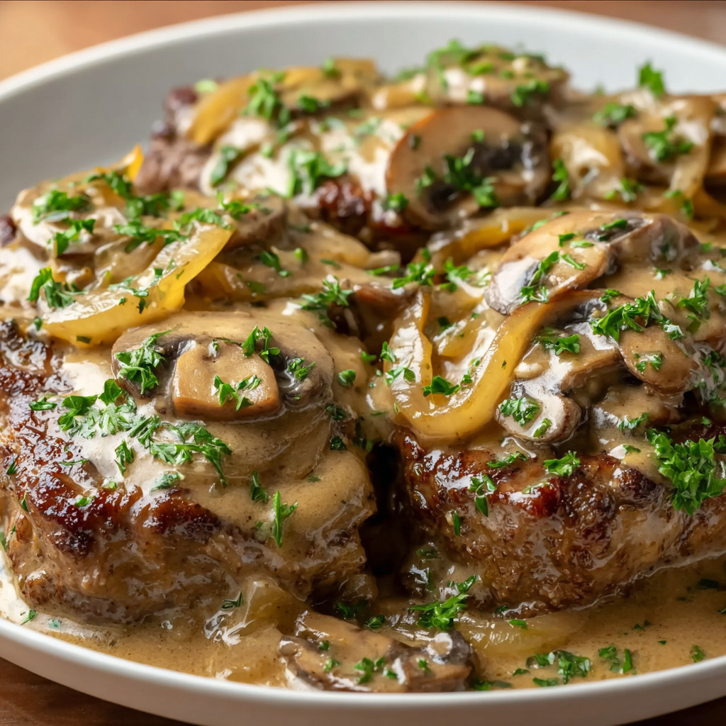 A plate of meat covered in mushrooms and gravy.