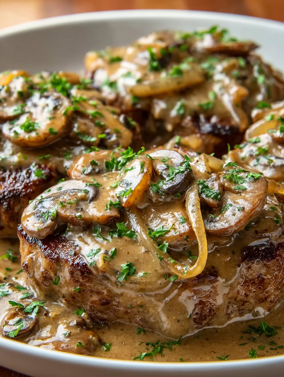 A plate of meat covered in mushrooms and onions.