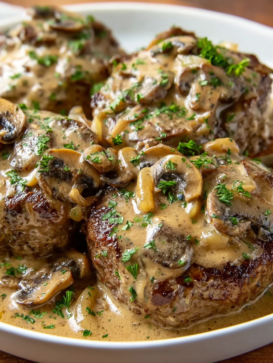 Meat covered in mushrooms and gravy.