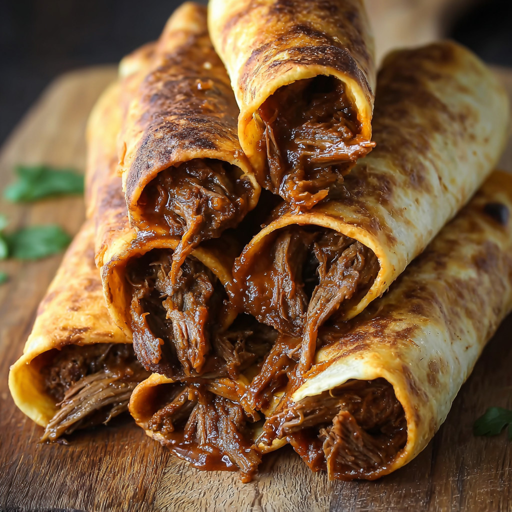 A stack of beef tacos on a wooden table.