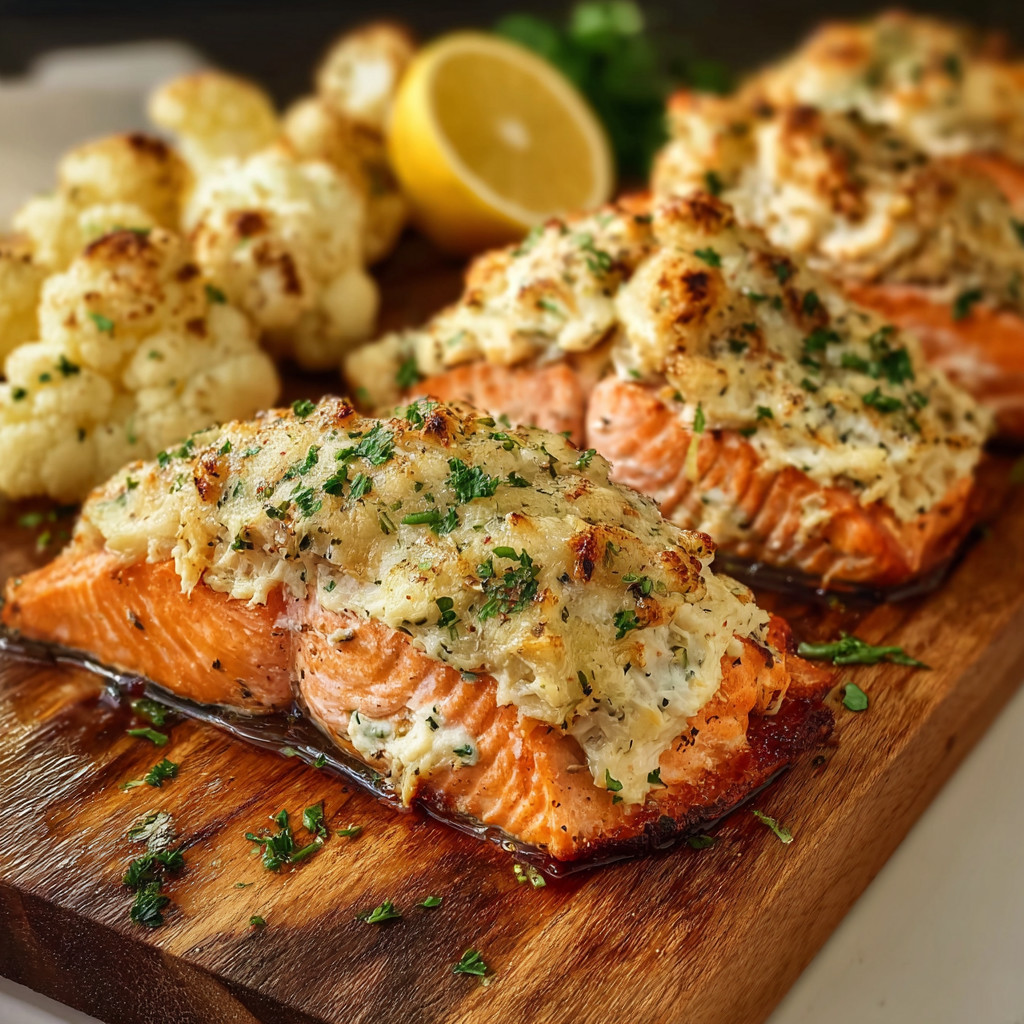 Two pieces of salmon on a wooden cutting board.
