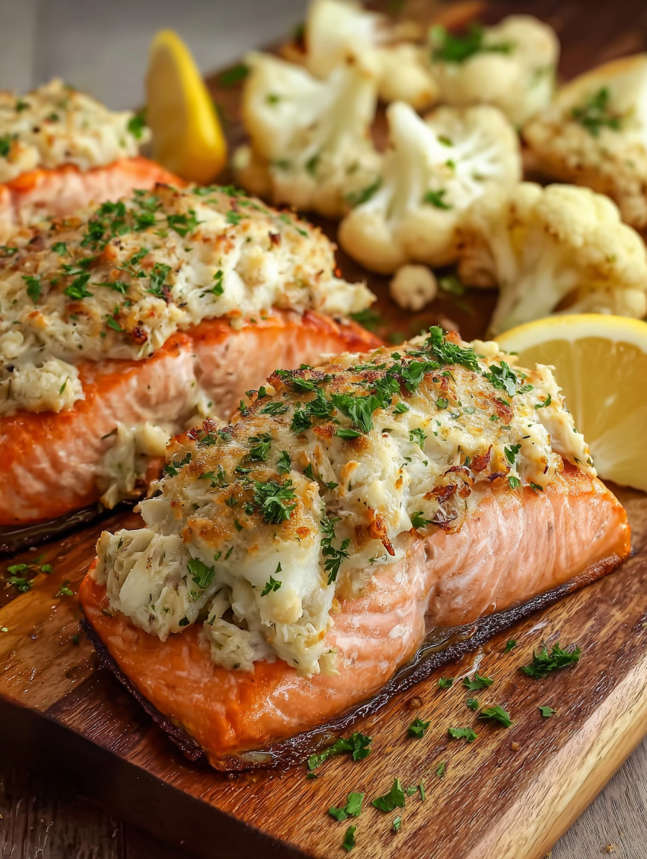 Two pieces of salmon on a wooden cutting board.