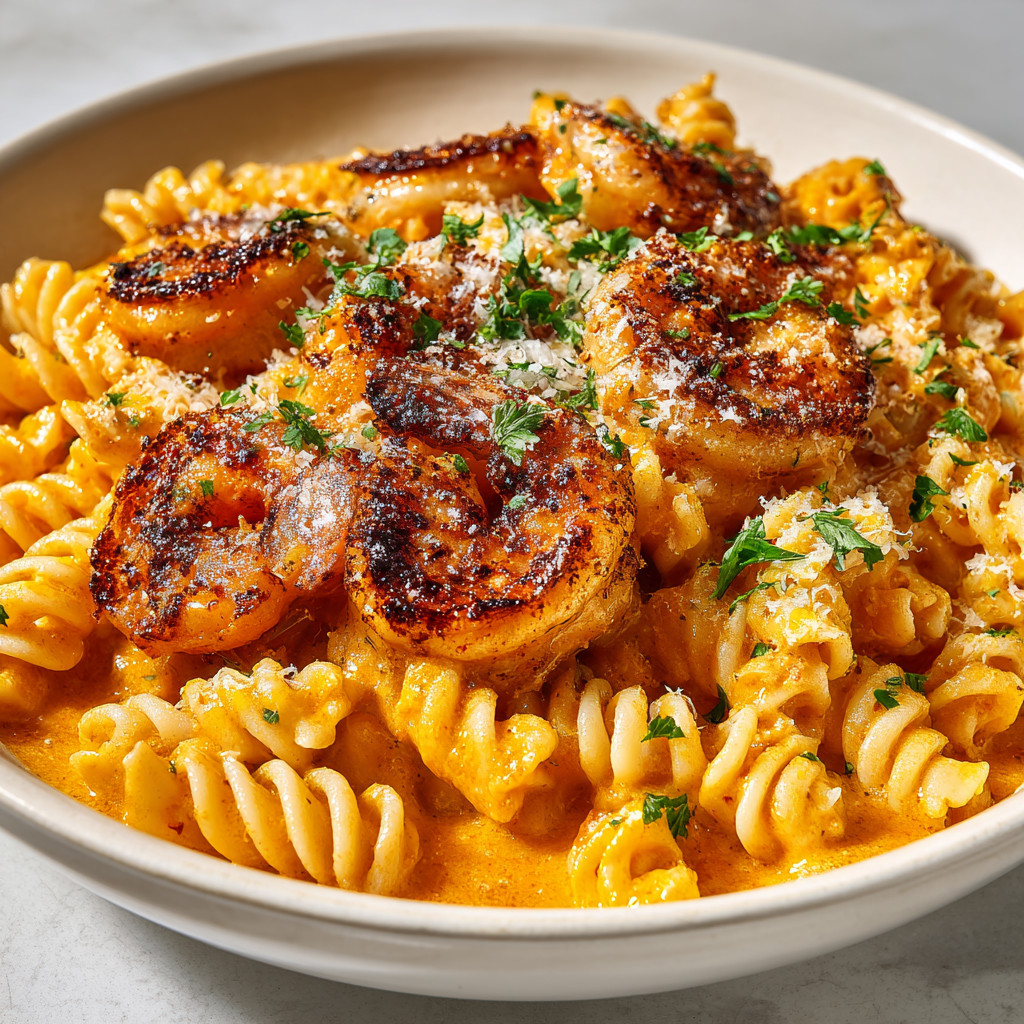 A bowl of pasta with shrimp and cheese.