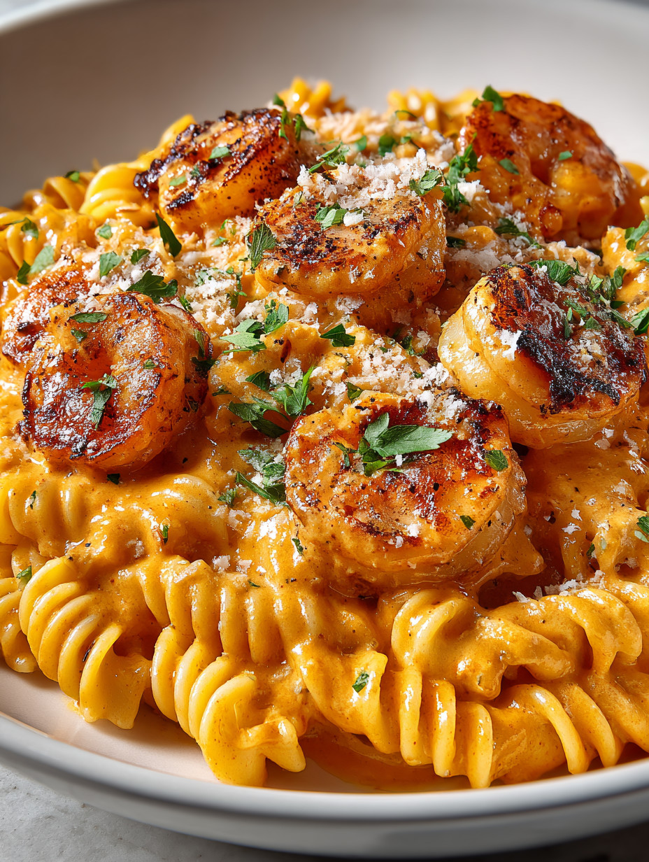 A plate of shrimp and pasta.