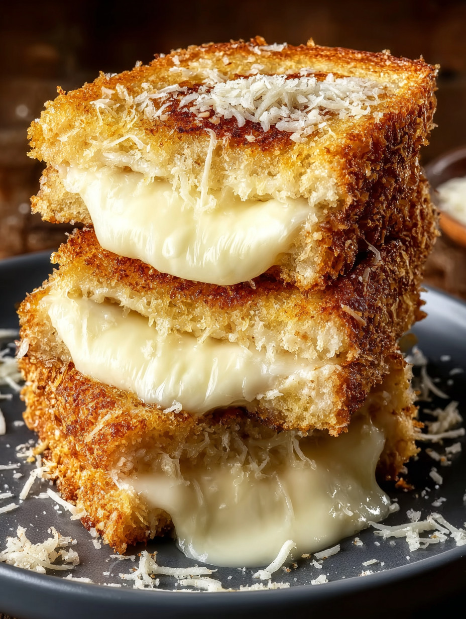 Three pieces of bread with cheese on top.