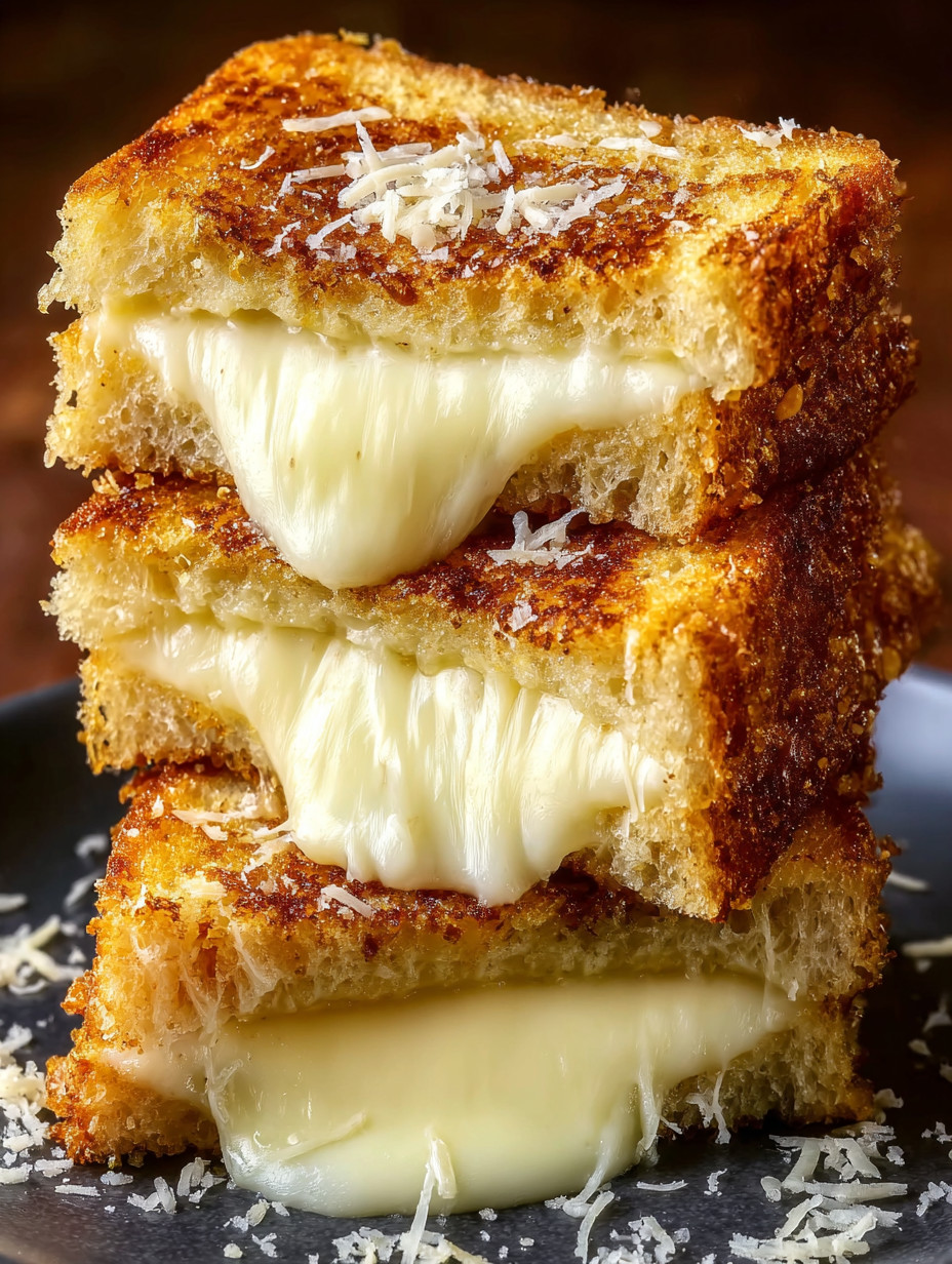 Three pieces of grilled cheese sandwiched together.