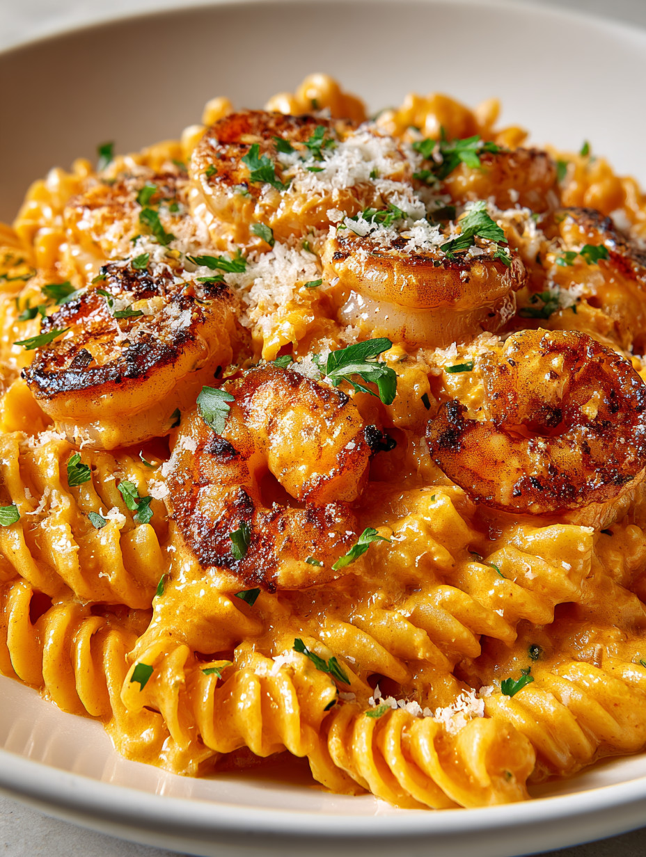 A plate of food with shrimp and pasta.