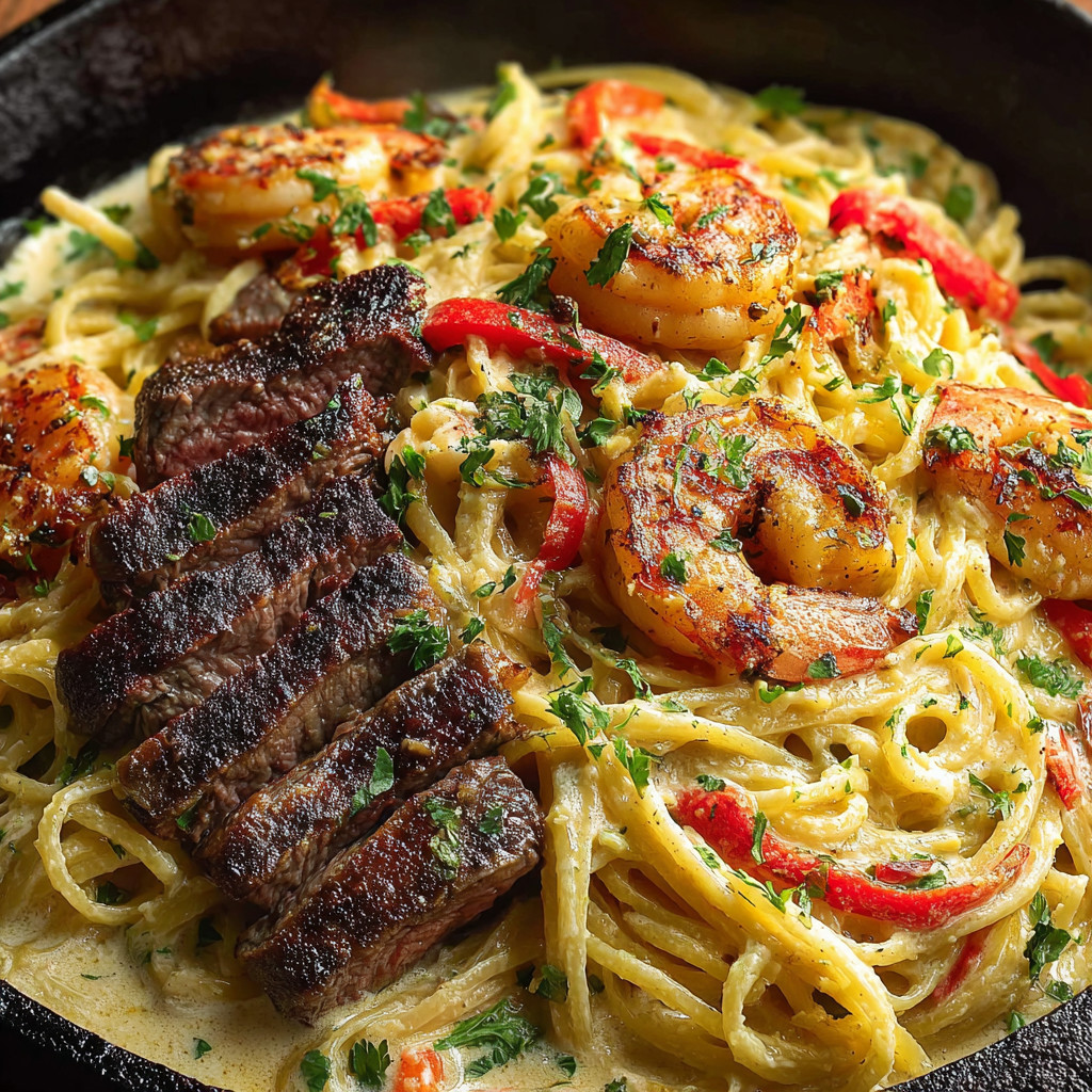 A bowl of pasta with shrimp and peppers.