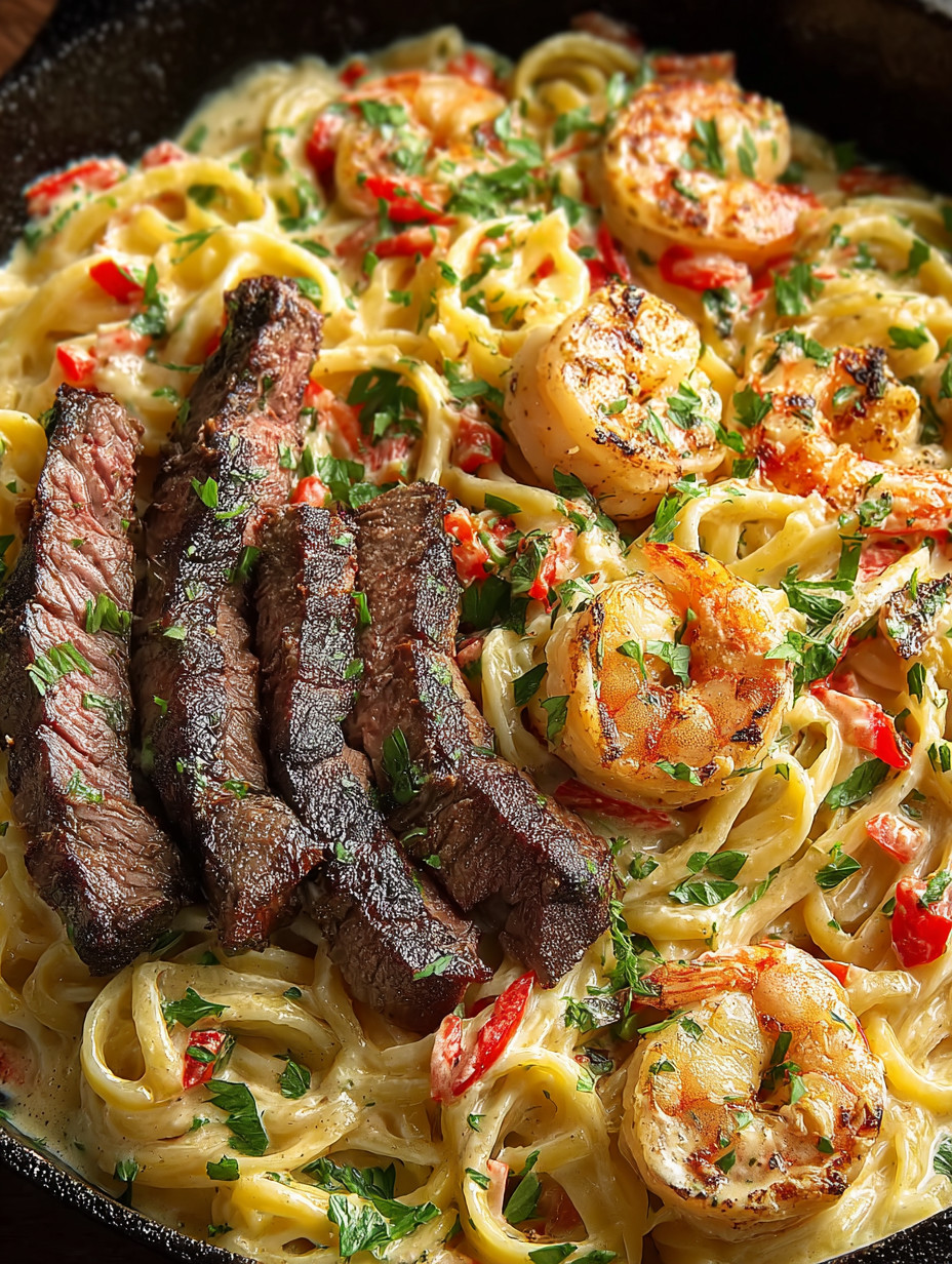 A plate of food with shrimp, pasta, and meat.
